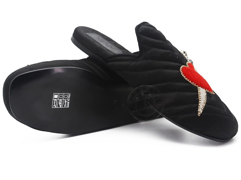 gucci古驰女鞋 爱心水晶剑平底拖鞋472159 knd30 1000代购 黑色 35.