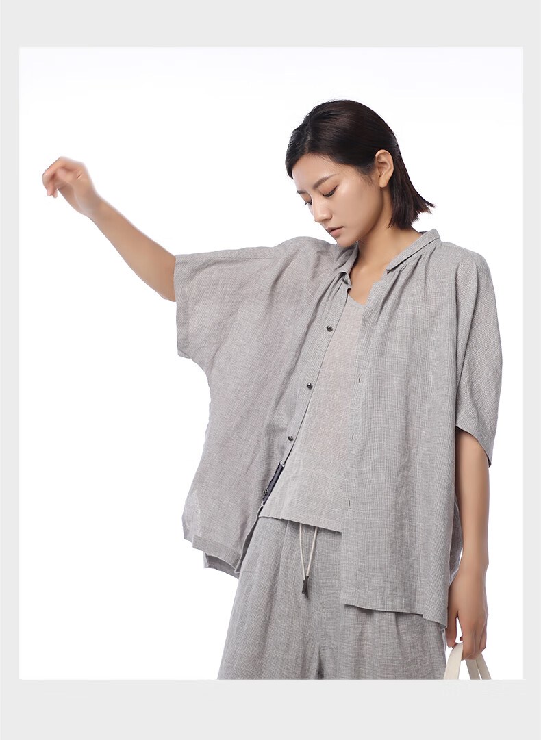 竹林石屋短袖纯亚麻衬衫上衣复古纯色中式纽扣麻t恤夏季新款通勤时尚