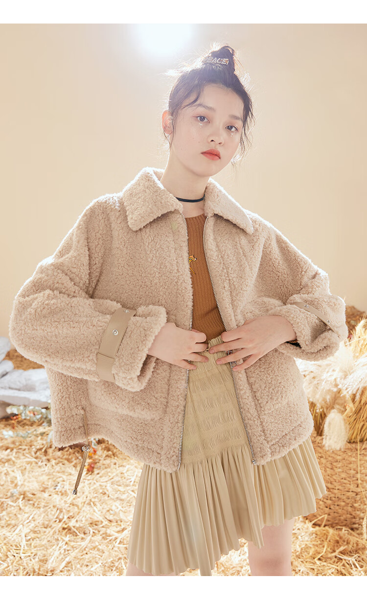 太平鸟颗粒绒外套女2020秋冬季新款时尚洋气小个子短款毛毛外套女 米