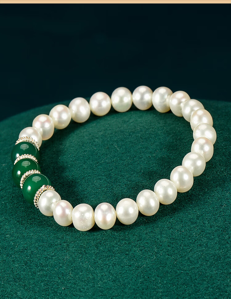御弗系春风天然珍珠手串s925银饰品单层绿玛瑙手链女优雅复古手镯串珠