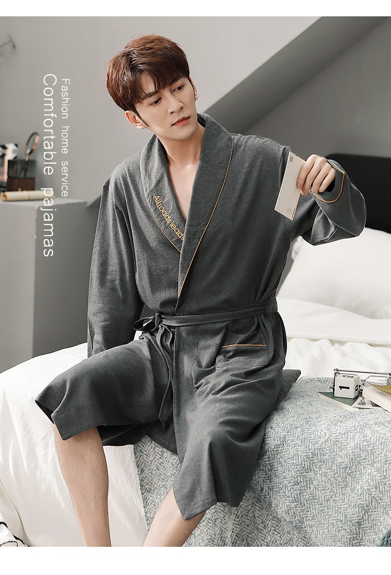 北茵 男士睡袍男浴袍棉质薄款吸水速干浴衣春秋冬季长中长款长袖韩版