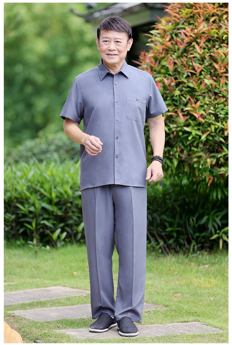 老头穿的短袖衣服夏装男t恤老年人穿夏季老头男套装冰丝唐装男爸爸