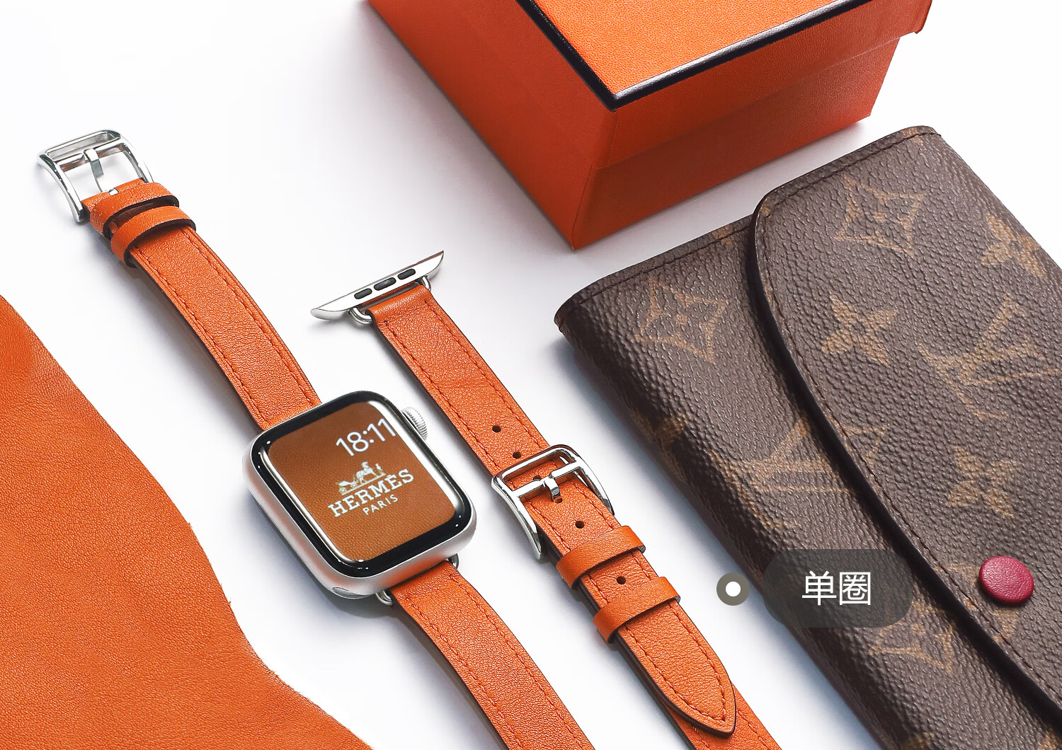 宣人 适用apple watch苹果表带爱马仕款手表细双圈真皮iwatch7/se/6/5