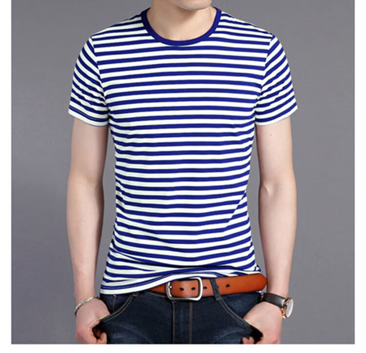 海军t恤海魂衫男长袖圆领修身蓝白条纹百搭水手服体能训练运动大码
