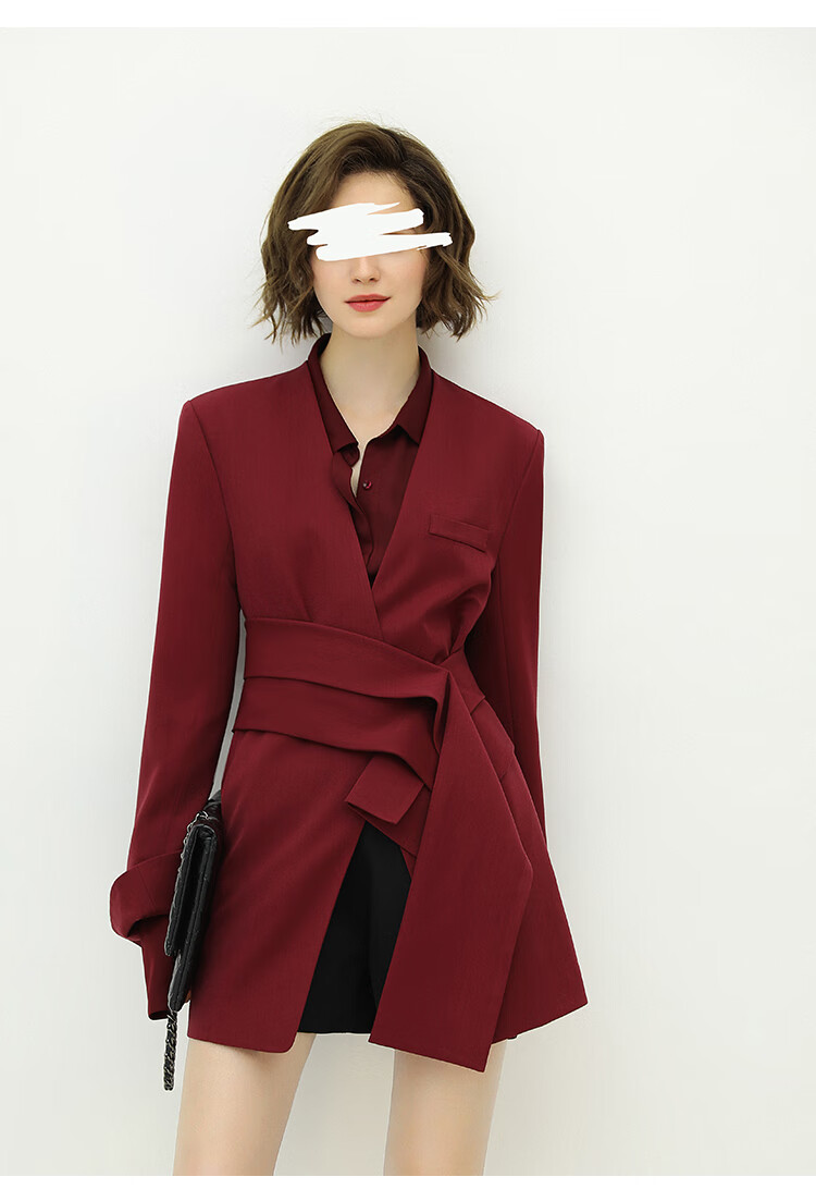 cocobella设计感腰封酒红西装女早秋裸领中长款通勤外套ct1230 酒红 m