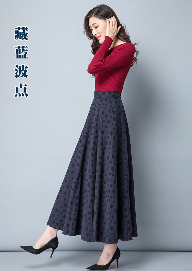 秋冬季长款高腰大摆裙春季新款棉麻大摆半身裙女百搭大码印花长裙显瘦