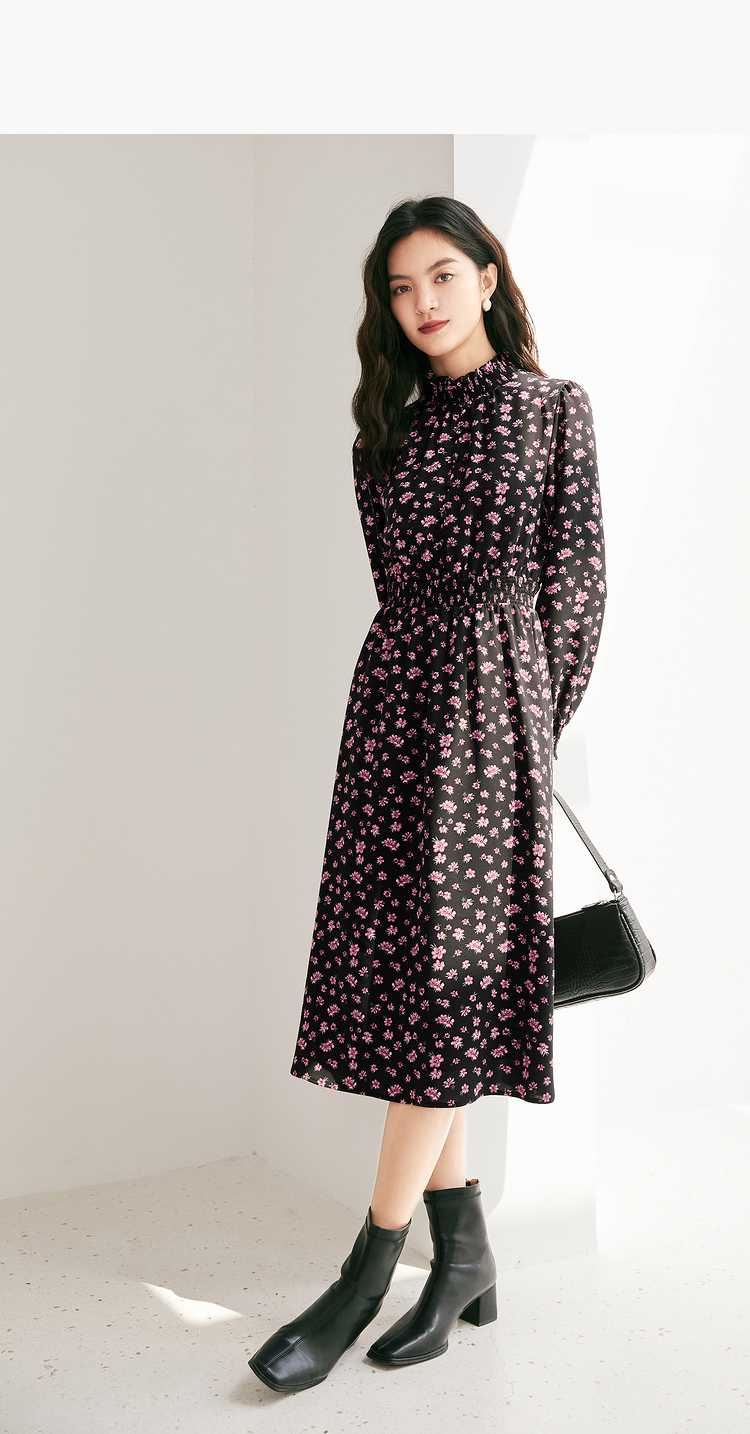 伊芙丽冬季碎花红色连衣裙2021年冬季新款复古法式长袖内搭打底裙粉红