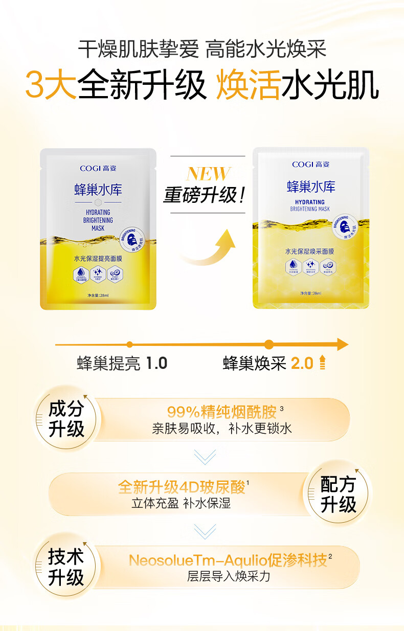 高姿蜂巢水库面膜女补水保湿虾青素修护免洗琐水保湿焕采熬夜护肤品 修护面膜40片