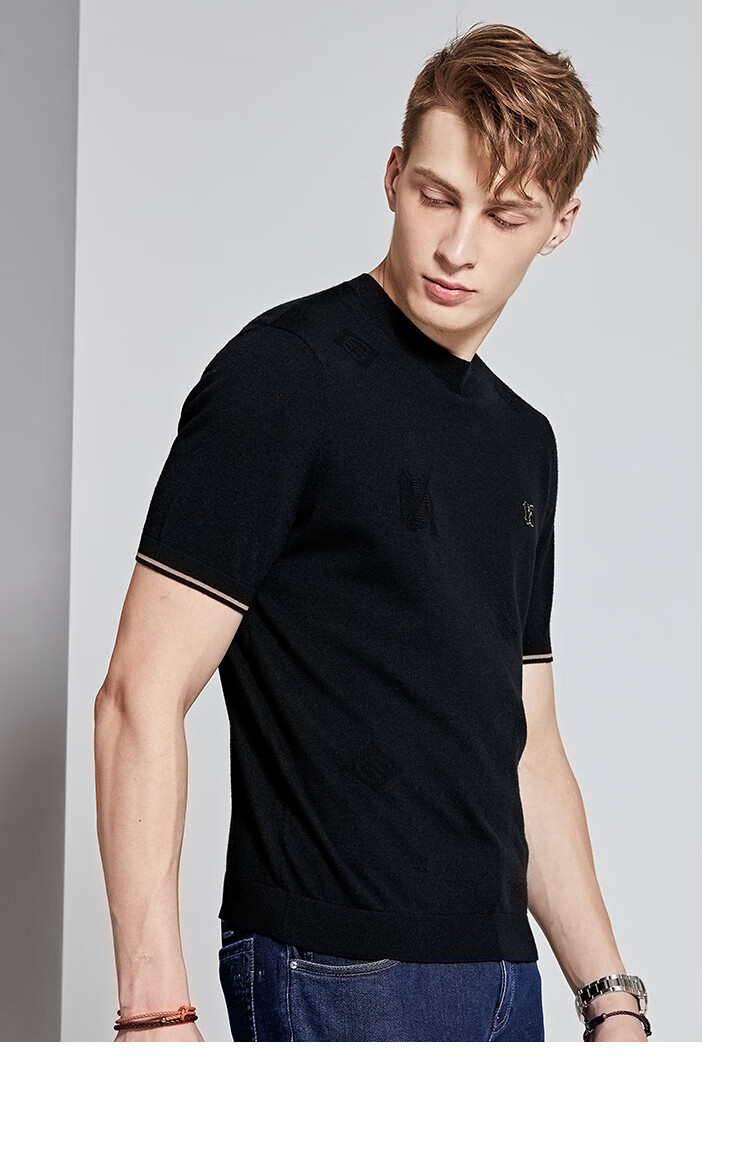 迪柯尼男装舒适羊毛时装男士2021冬新款螺纹针织半高领上衣黑色17596a