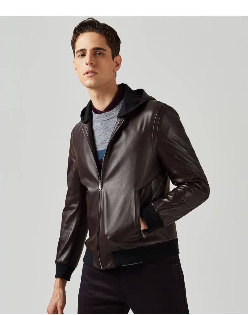 劲霸男装皮衣秋季新品男连帽绵羊皮夹克外套深兰绿修身版185