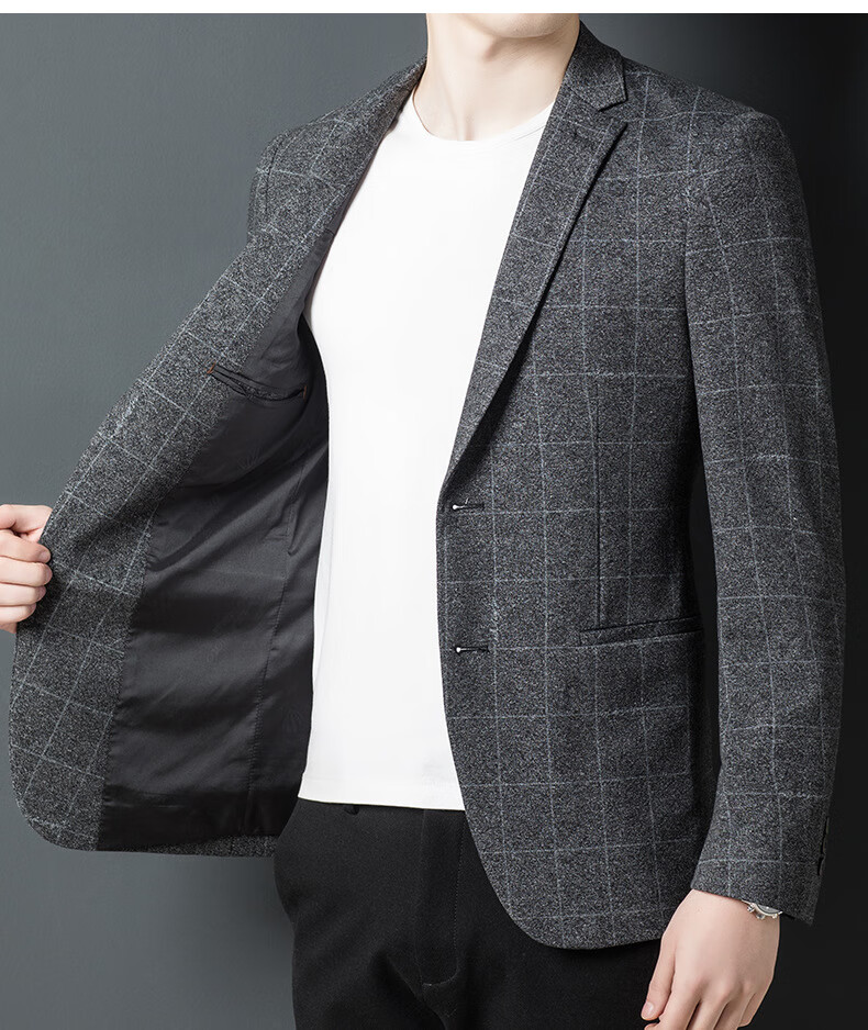 虎都男装2022秋西装男商务薄款格子小西服时尚韩版修身便服单西外套