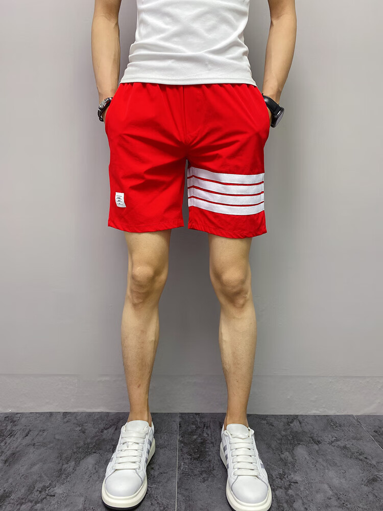 boy bees潮牌余文乐短裤四道杠网红裤子男潮修身薄款弹力三分裤运动裤