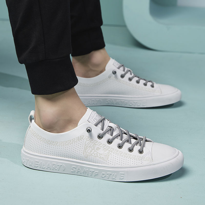 板鞋男时尚一脚蹬平底透气孔小白鞋青年免系鞋带配牛仔短裤西装休闲鞋