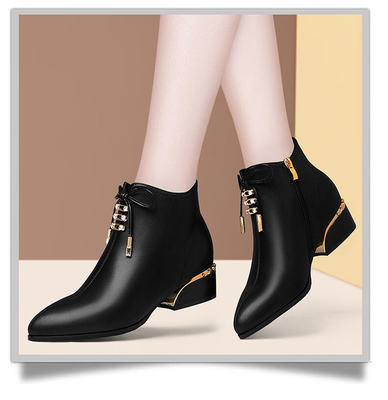 富贵鸟短靴女秋冬新品春秋冬季新款平底英伦风尖头加绒软皮鞋马丁靴小