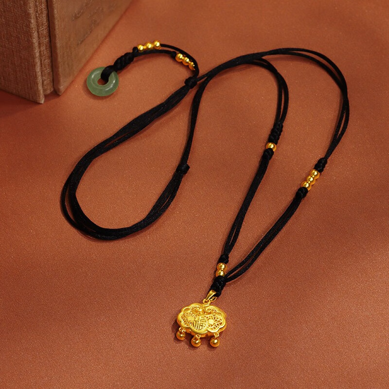 锁骨链编织黑绳如意吊坠生日礼物送女 黄金平安锁 12金珠编织项链【金