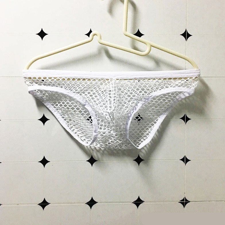 男士性感三角内裤透明短裤大网眼镂空透气时尚潮男低腰弹力白色m