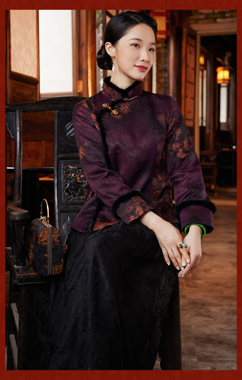 玺玥2021年冬季新款中国风女花罗香云纱夹棉短款复古唐装上衣外套紫色