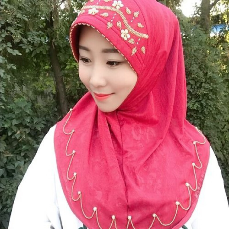 回族女人的套头纱巾回族头巾方便套头款式妈妈款串珠盖头鸡爪花单层