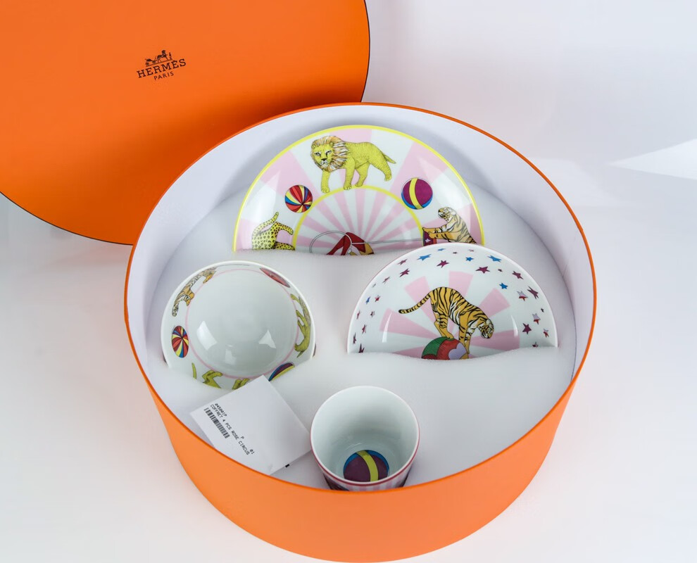 二手99新爱马仕hermes马戏团系列儿童早餐套装4件套粉色配件盒子可