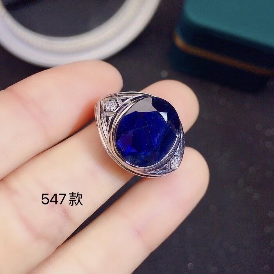 大颗粒山东天然黑蓝宝石男戒s925银镶嵌宝石颜色超好时尚精美礼物白