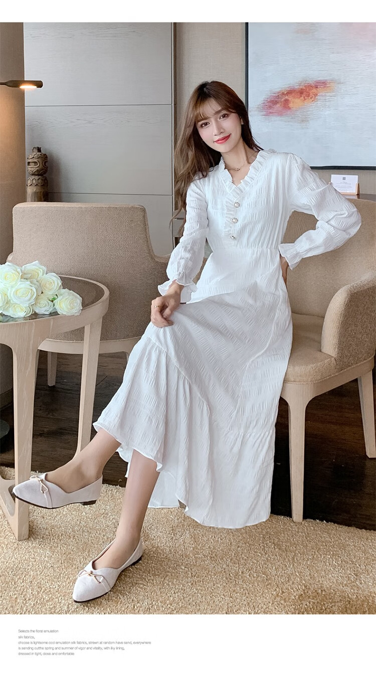 白色长袖连衣裙女春秋仙女白裙子2020学生仙气仙森系长款收腰气质长裙