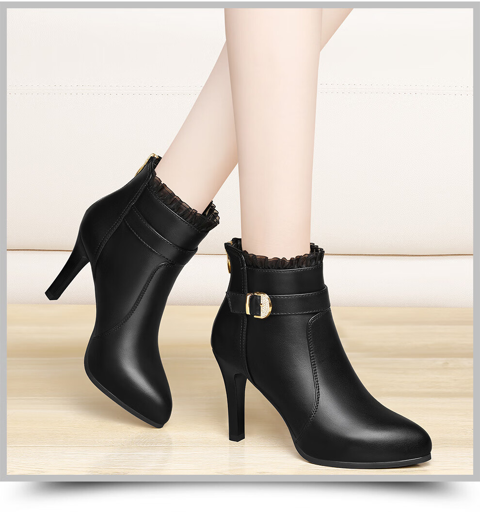 细跟真皮高跟鞋女加绒尖头春秋冬款百搭中跟粗跟女士皮鞋冬天黛立香