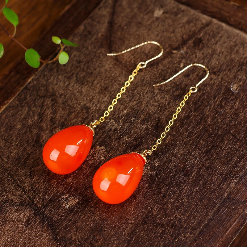 顶盈天然南红色玉髓玛瑙水滴耳坠14包金长款耳环原创时尚个性夸张耳饰