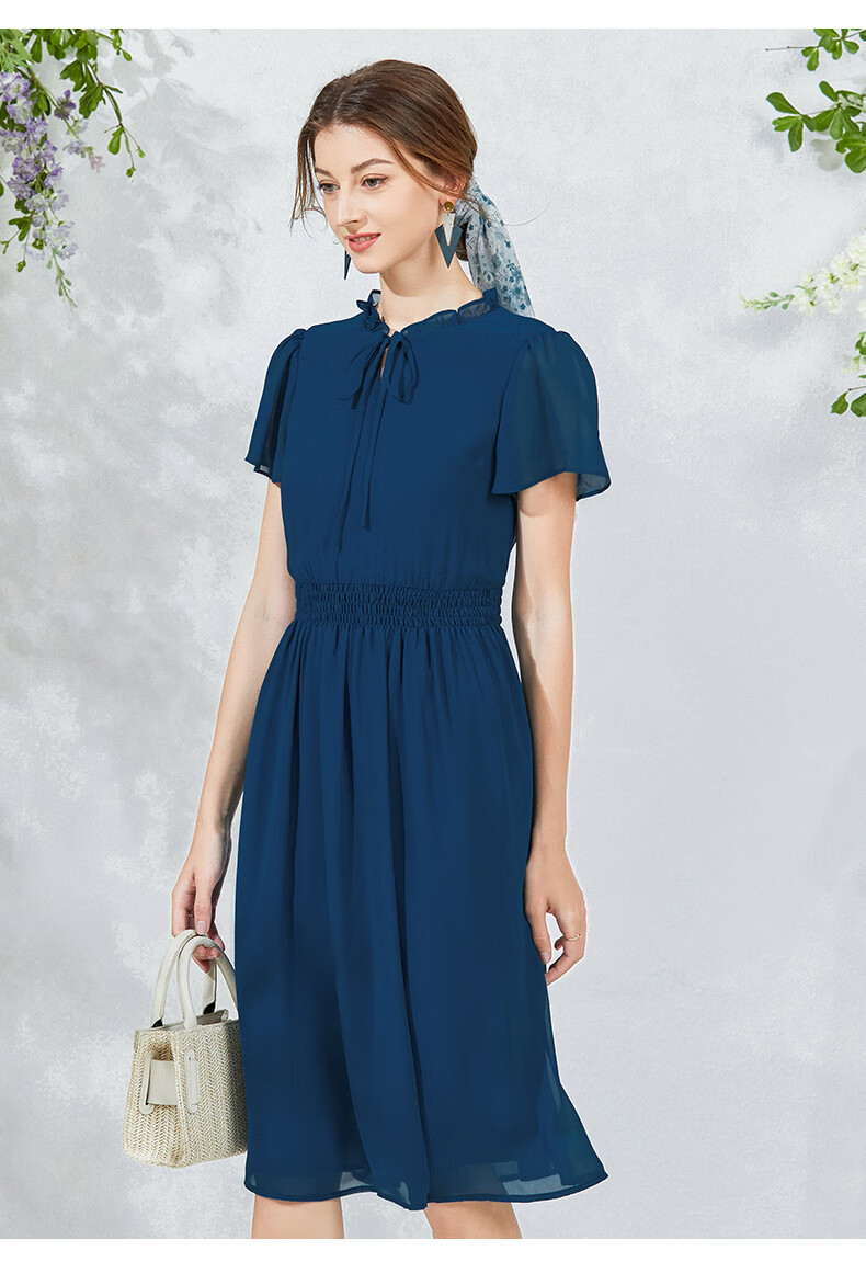 领连衣裙2022春夏新款修身收腰气质流行短袖雪纺裙子k03蓝绿色15580as