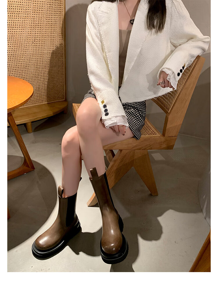 axiu 大叔家达文西鞋子mona马丁靴女中高筒烟筒靴厚底切尔西短靴子