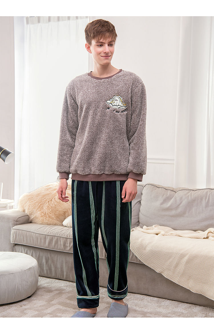 睡衣男润白色微冬加绒加厚柔软舒适肤保暖长袖长裤可外穿家居服套装