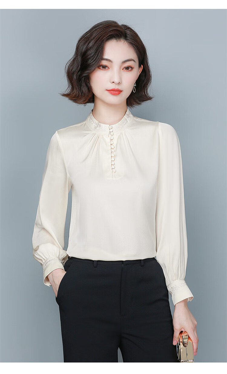 特价捡漏高档轻奢品牌真丝衬衫女长袖桑蚕丝洋气杭州丝绸刺绣欧货立领