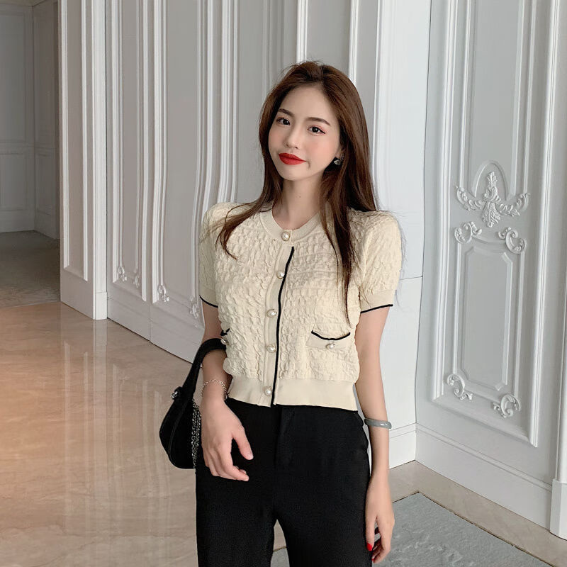 小香风外穿宽松短款套头针织衫女夏季韩版chic百搭圆领短袖上衣潮