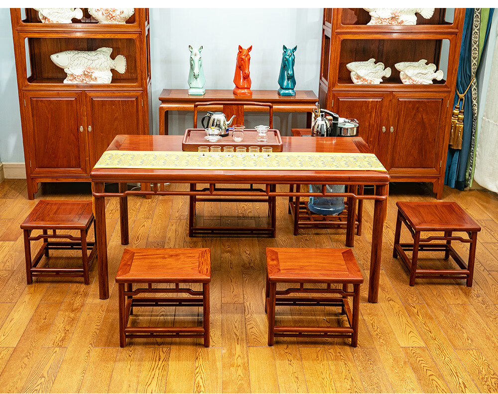 滑氏红木红木家具缅甸花梨学名大果紫檀实木茶桌椅组合茶桌可做餐桌条