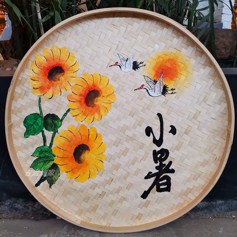 手绘竹编簸箕画二十四节气农家乐挂件幼儿园竹匾乡村背景墙面装饰