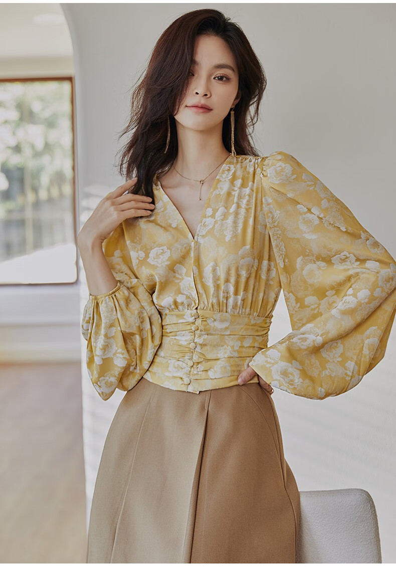 复古宫廷风印花缎面衬衫女2022春装新款长袖显瘦衬衣06005红色s