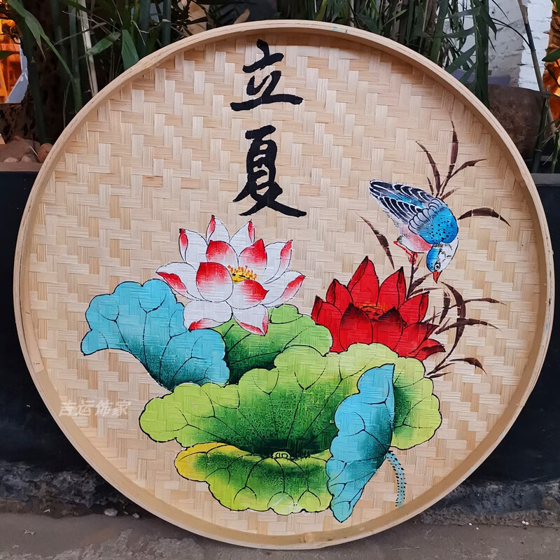 手绘竹编簸箕画二十四节气农家乐挂件幼儿园竹匾乡村背景墙面装饰