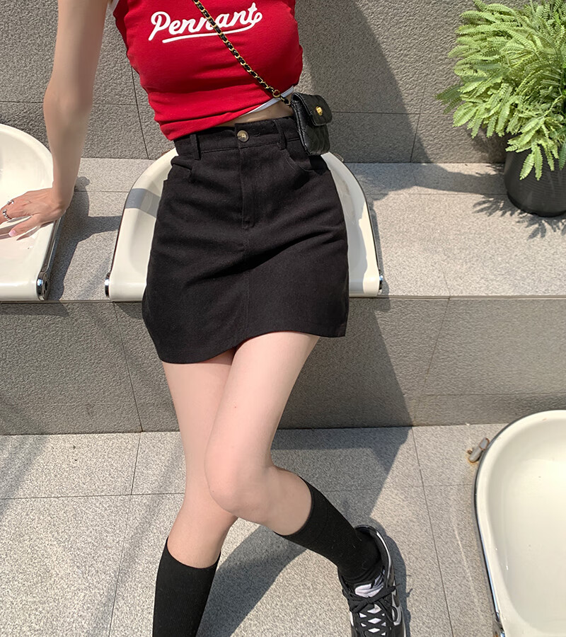 浪莎粉色包臀半身裙女秋冬高腰a字牛仔短裙防走光显瘦小个子女士气质