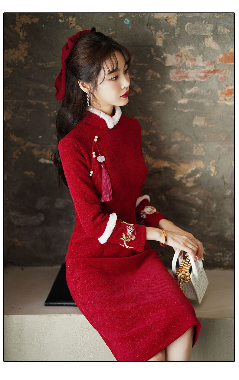 旗袍礼服裙2021新款改良红色长袖年轻新娘敬酒服冬季加厚加绒少女小