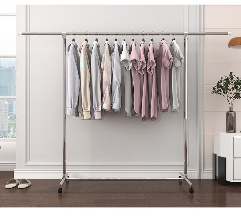 落地晾衣架单杆不锈钢晾衣杆加厚钢管304晒衣架室内阳台可伸缩带滑轮