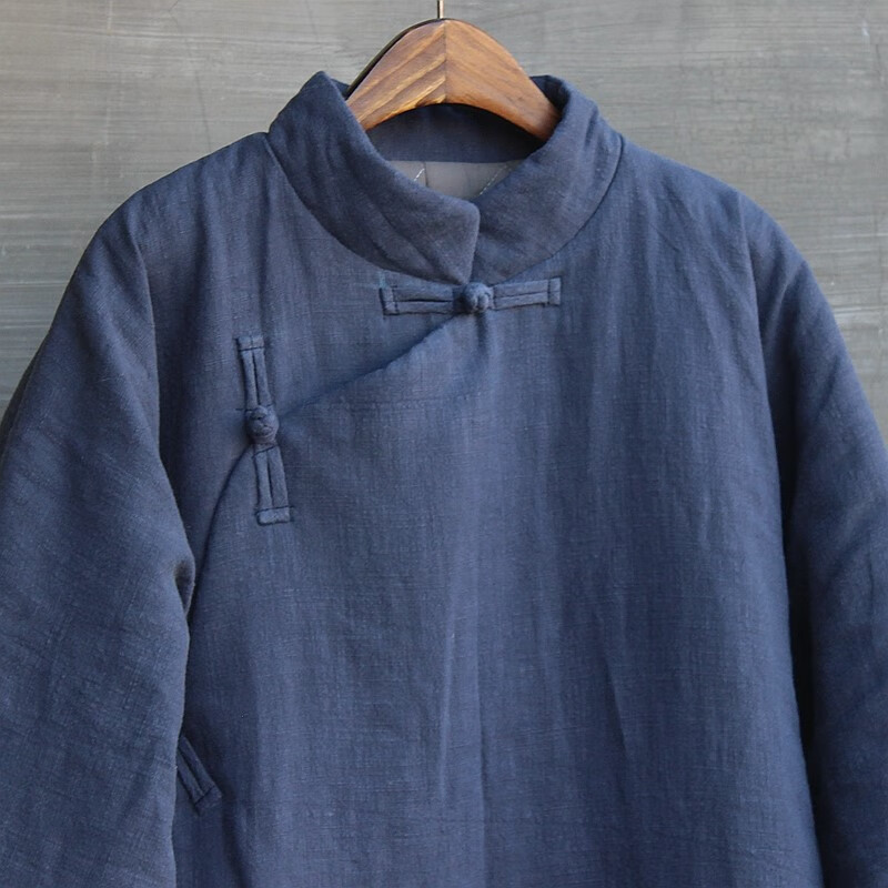 冬亚麻棉袍男立领棉衣中国风大码棉袄长款唐装盘扣大襟斜襟民国 黑色