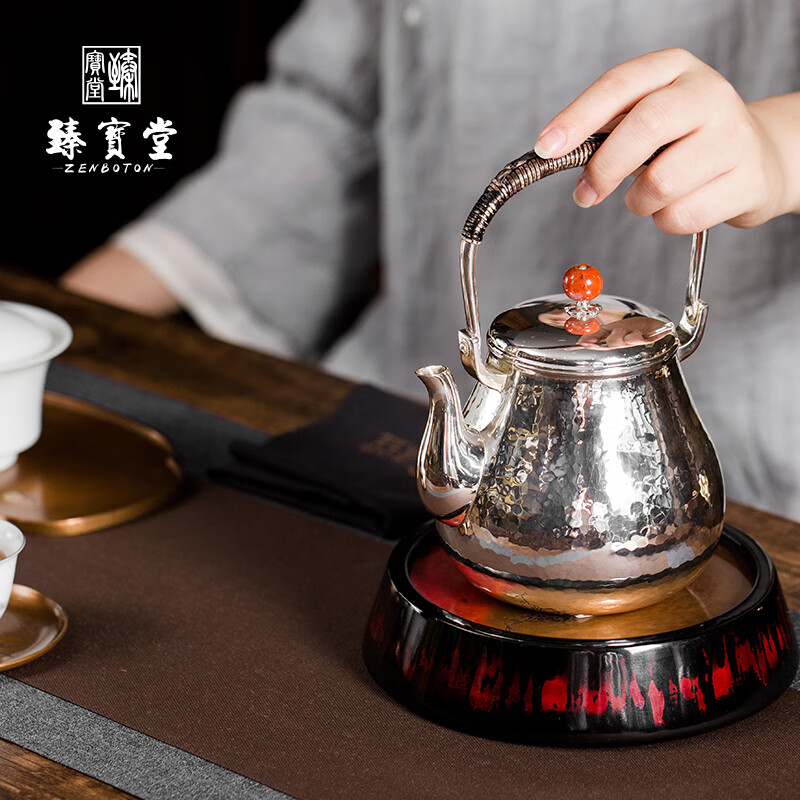 臻宝堂银壶 s9999足银烧水壶手工浮雕蟠桃煮水壶家用茶具 玉乳壶 玉乳