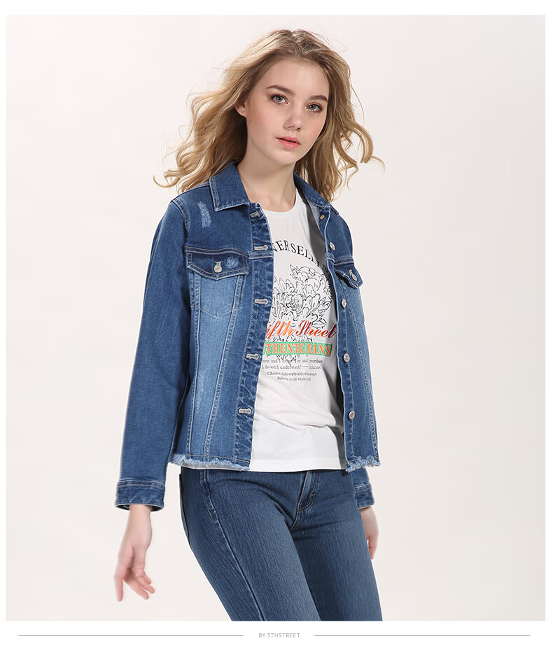 第五街春季新款修身韩版女装毛边牛仔外套短款夹克650104-181 石蓝磨