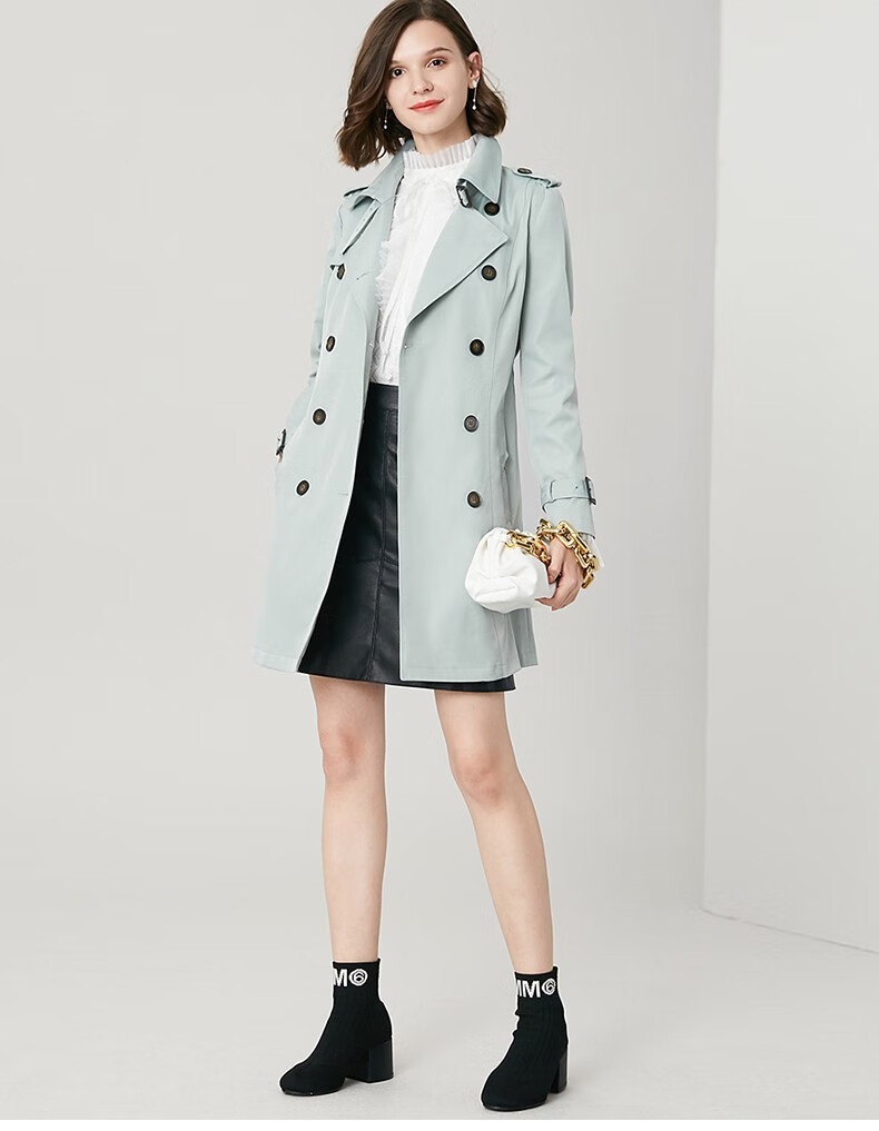 晚白2020年冬款简约纯色通勤翻领长袖收腰系带中长款风衣外套女 绿色