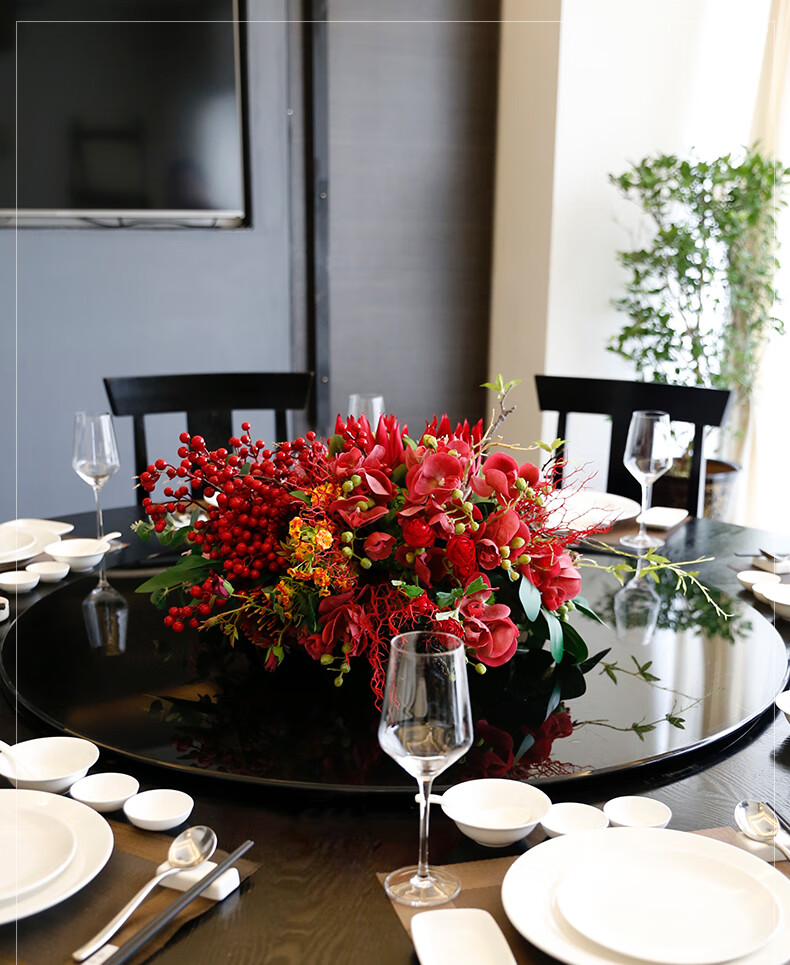 野派酒店餐桌仿真花餐厅桌面圆桌花转盘假花摆件高端现代花艺包厢软装