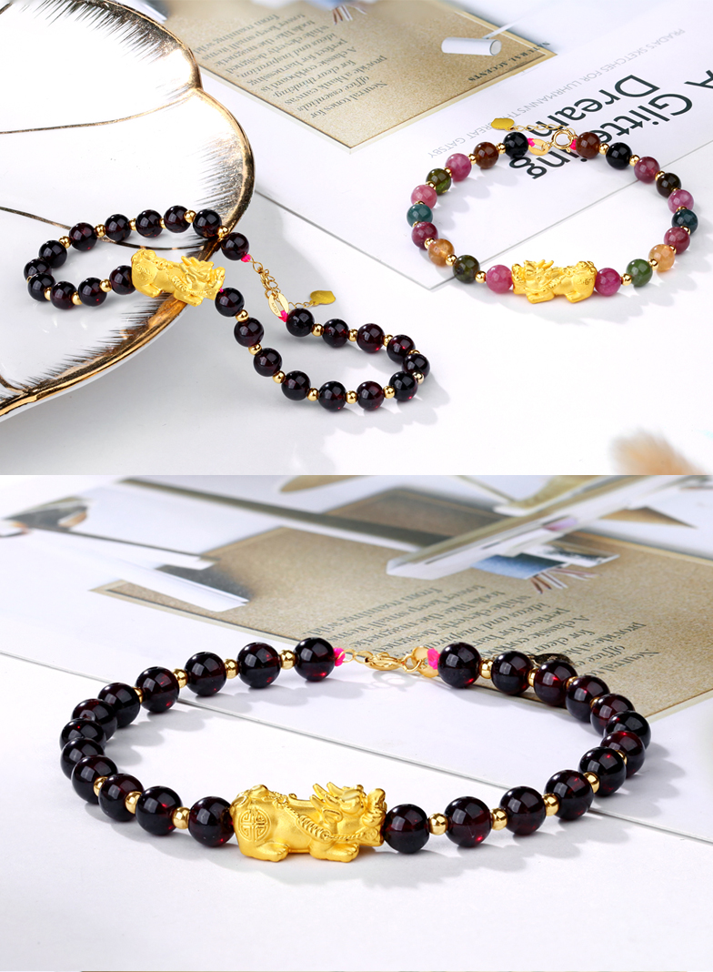 七夕礼物3d硬足金999貔貅珠黄金麒麟手串石榴石貔恘女碧玺手链幸运珠