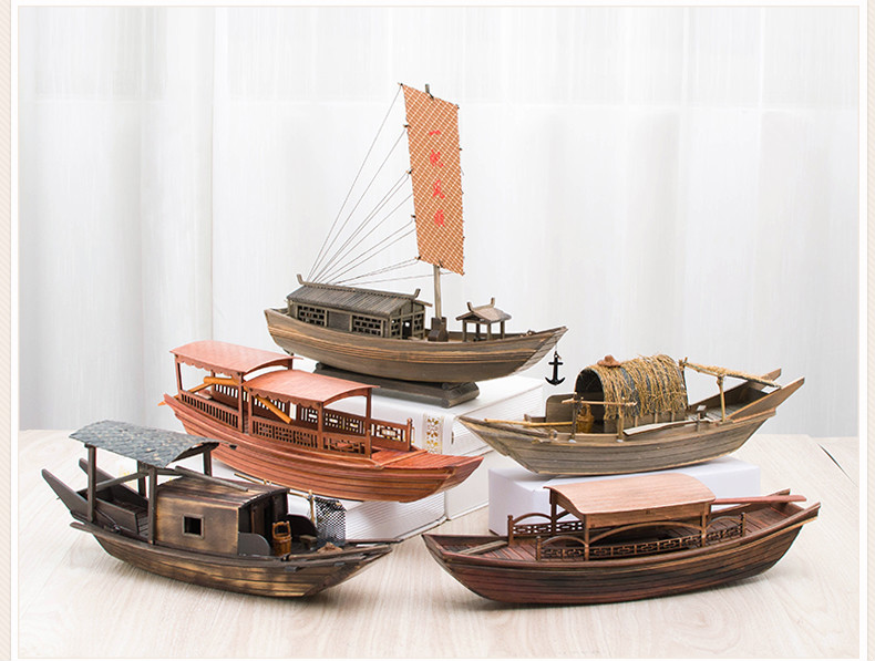 帆船模型江南水乡帆船模型木船渔船乌篷船模中式工艺船摆件实木大船