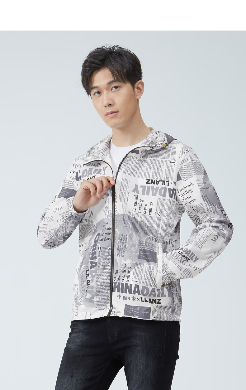 下-利郎男装轻薄皮肤衣夹克男2021春夏新款男士连帽字母印花潮流茄克