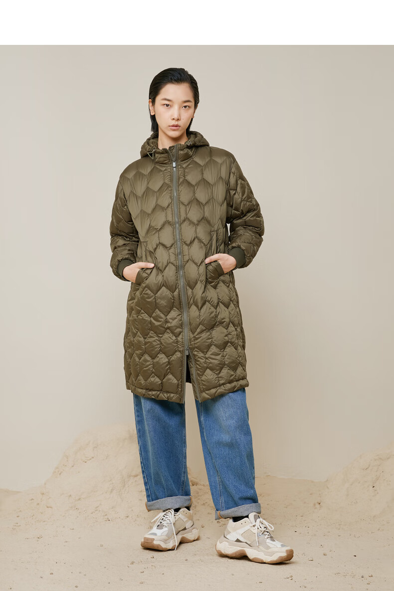 moveup幻走2020女装秋季连帽蜂窝纹防风保暖中长款羽绒服深军绿15576a
