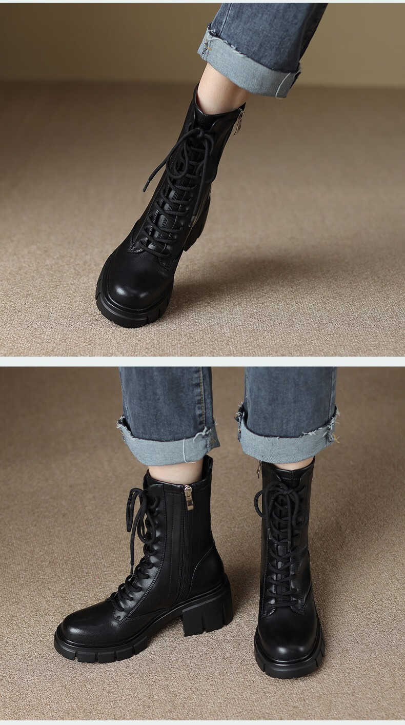 饺子兔马丁靴女粗跟短靴高跟防水台厚底系带圆头单靴软皮瘦瘦靴 黑色