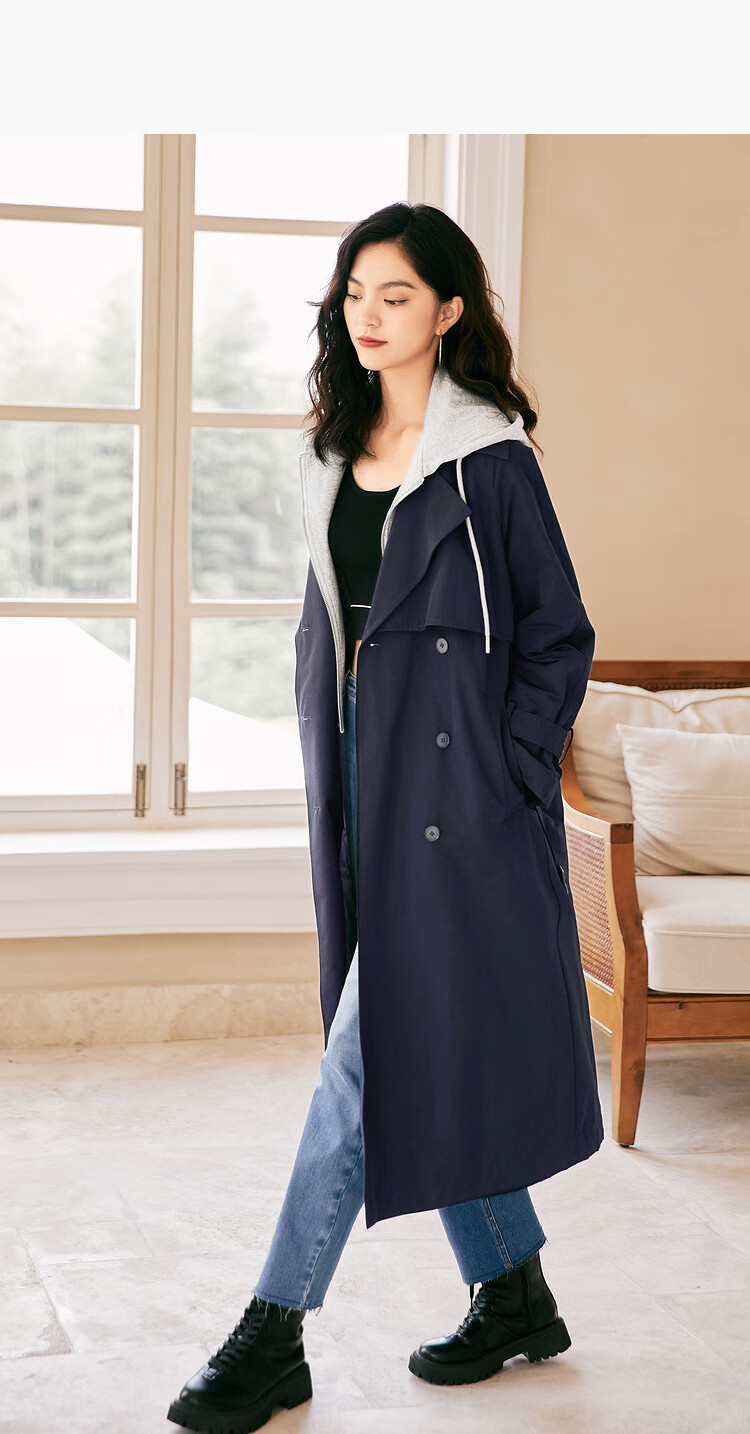 伊芙丽长款外套2021年新款秋装连帽设计感厚款夹棉风衣大衣女藏青